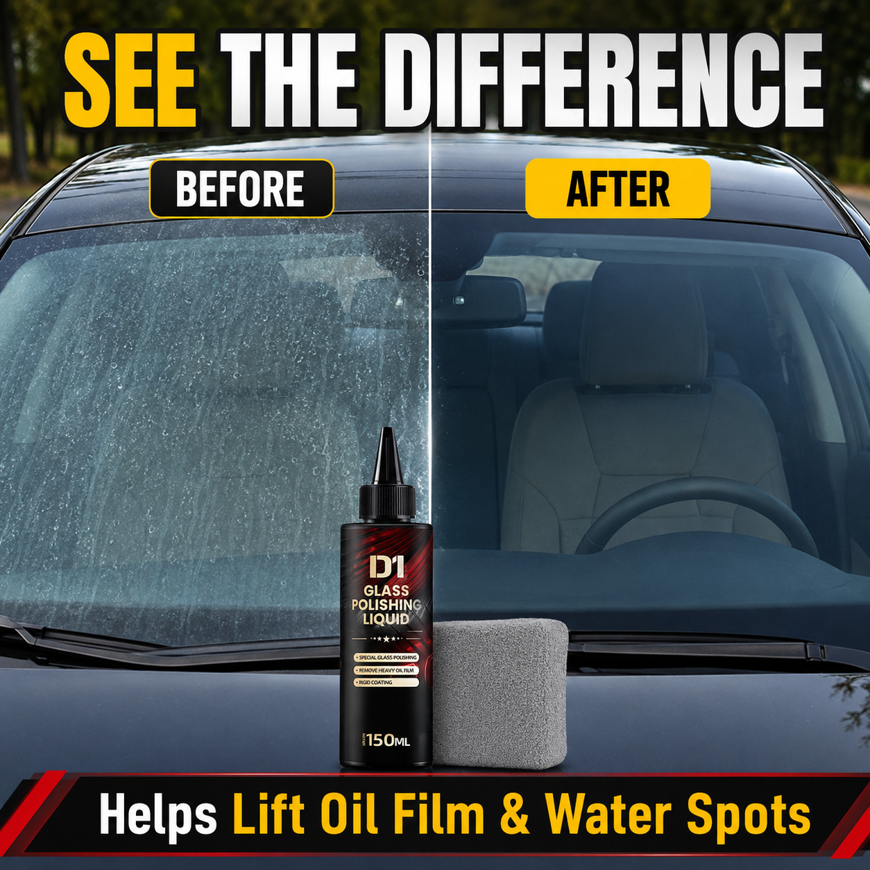 Car windshield before and after glass polishing