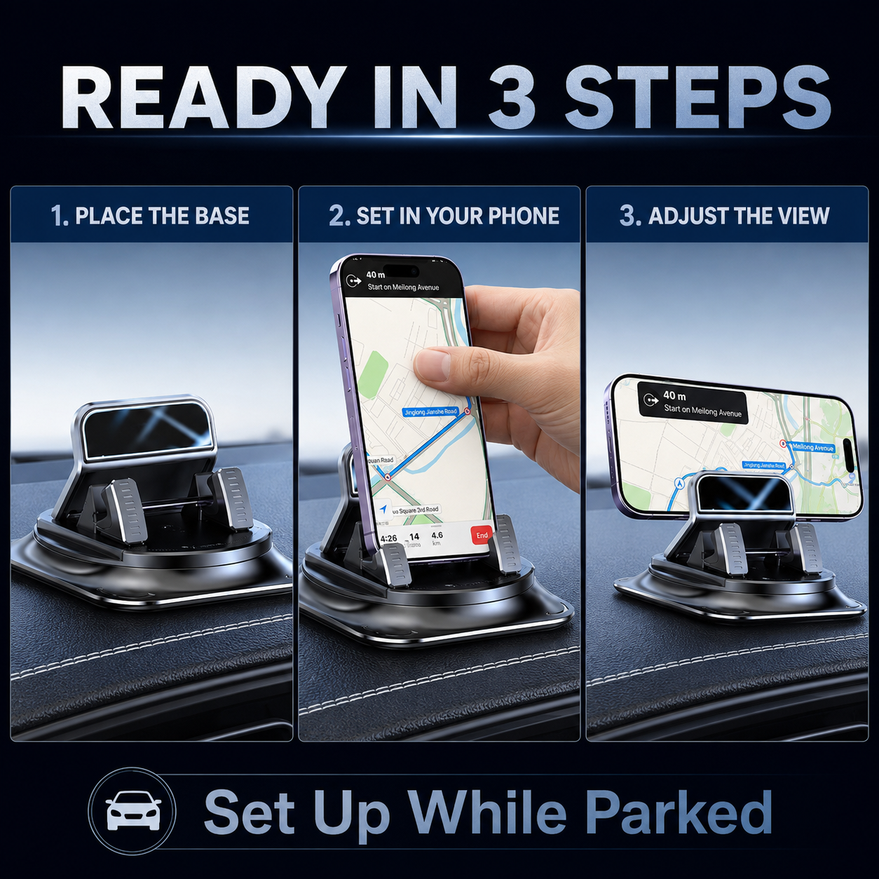 Three steps to set up dashboard phone holder