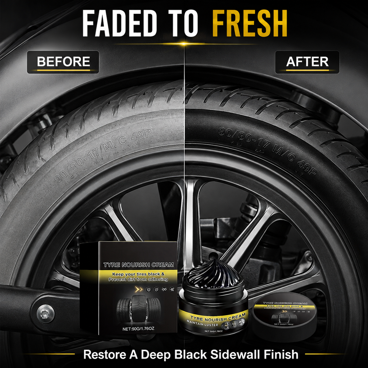 Faded motorcycle tyre sidewall before and after