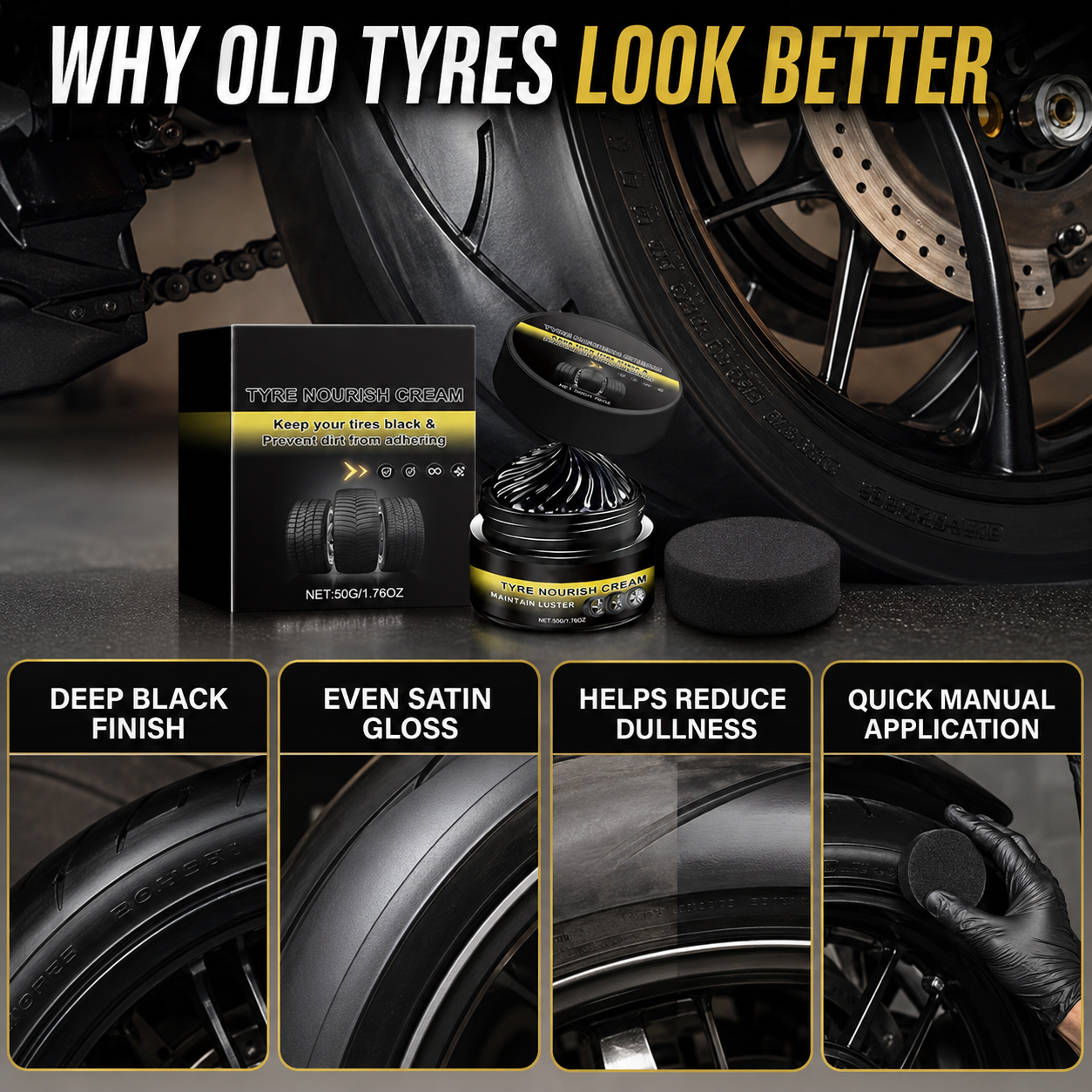 Deep black satin tyre sidewall finish benefits
