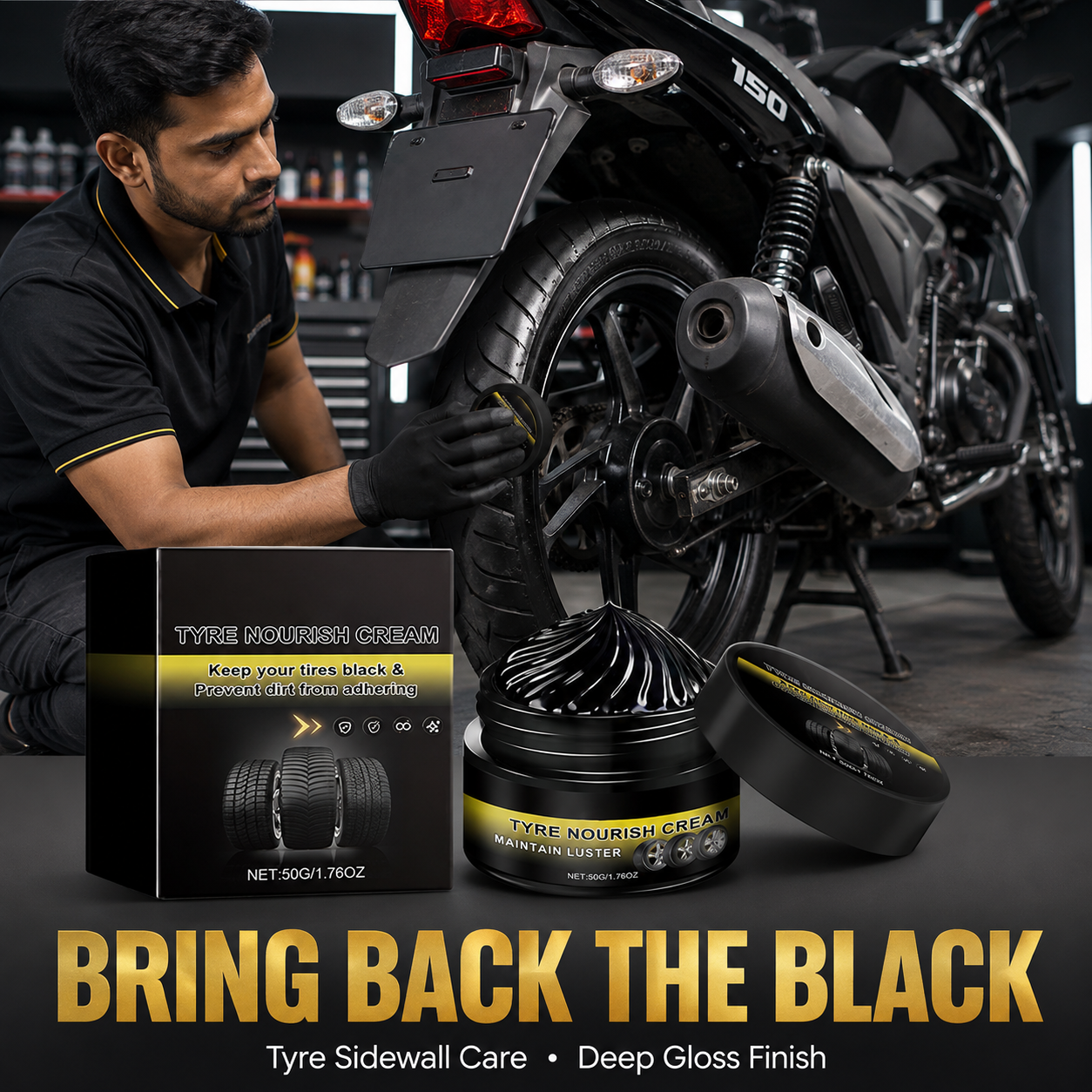 Tyre sidewall black restorer cream for motorcycles
