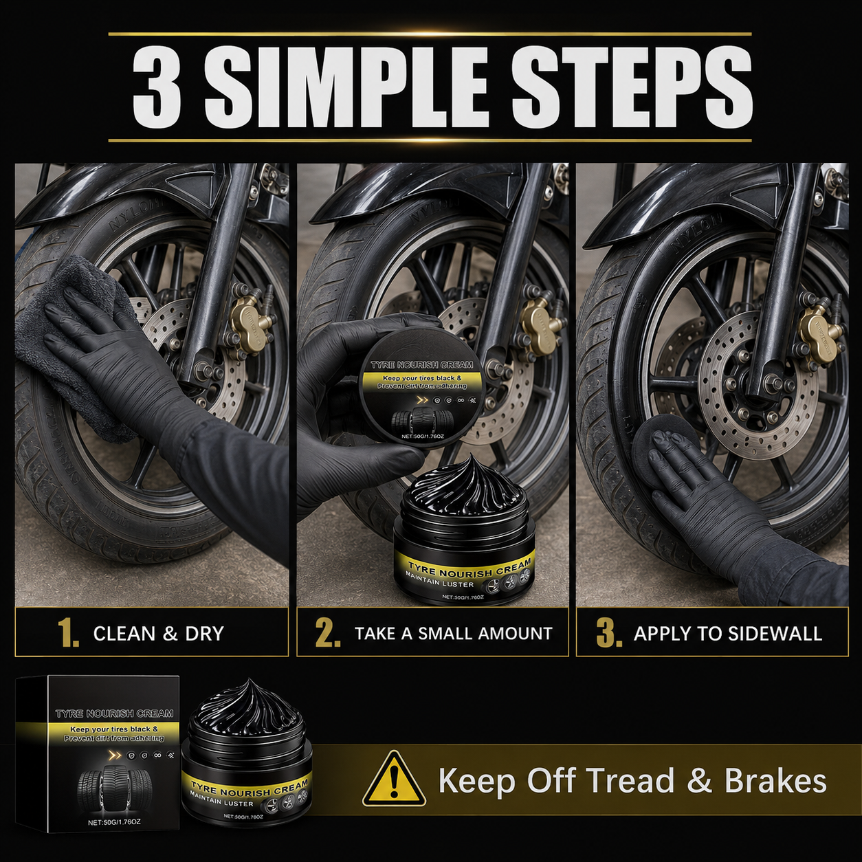 Three steps to apply tyre nourish cream
